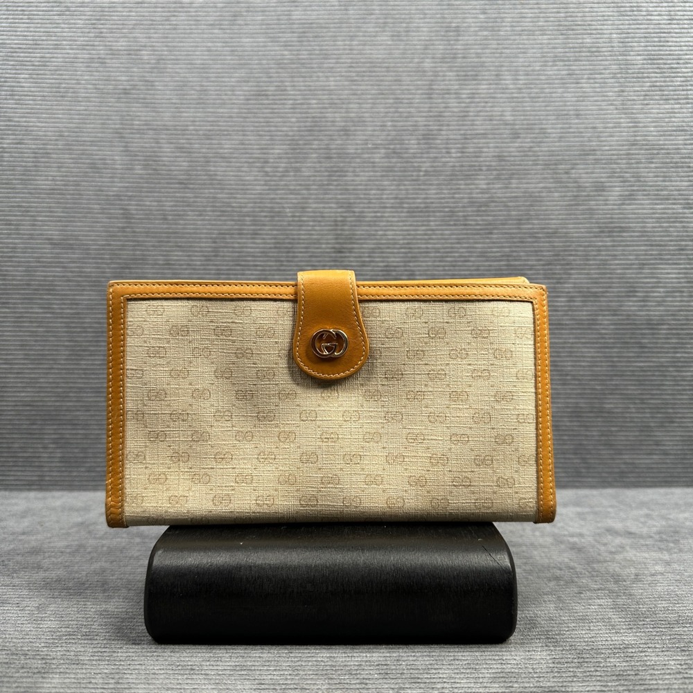 Gucci Vintage GG Microguccissima Canvas Kiss Lock Long Wallet Tan Leather Y2K